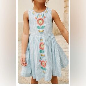 Mini Boden Floral Appliqué Embroidered Dress Pinstripe 5-6 years